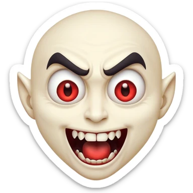 Cinematic Comical Vampire Portrait Emoji, with a sharply stylized, slightly caricatured pale face accented with exaggerated fangs and overly dramatic wide eyes filled with comic shock, head tilted in a hilariously startled pose, simplified yet amusingly detailed, glowing with a soft mysterious glow and a playful outline capturing the quirky humor of a vampire in disbelief! sticker
