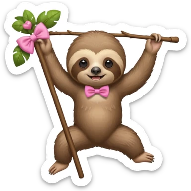 cute swinging Sloth on stick, pink bow tie sticker