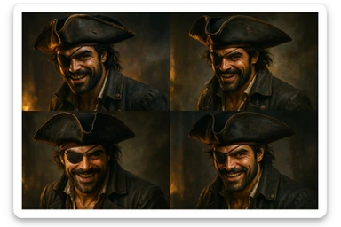 Sean Teale as a pirate wearing a tricorn hat and eyepatch, with a mischievous grin, four distinct visual takes, detailed character portrait, dynamic lighting, cinematic style sticker