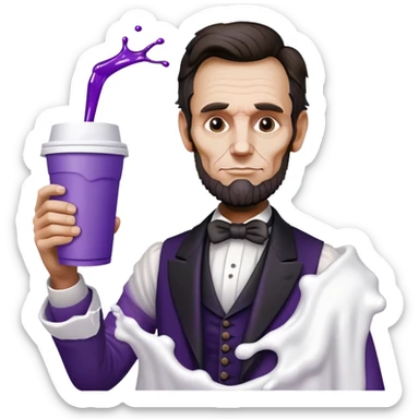 abraham lincoln with white styrofoam cup with purple liquid spilling out of it sticker