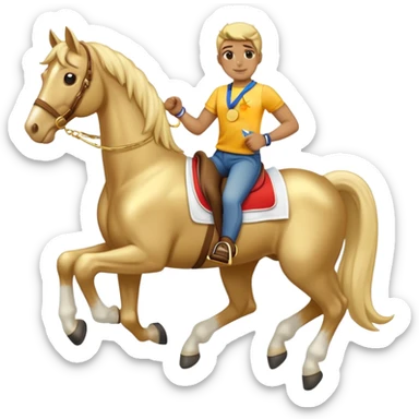 anthropomorphised horse in jeans and a t-shirt, wearing a gold medal sticker