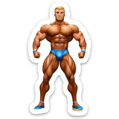 Bodybuilder on stage at a competition, covered in oil, flexing to showcase defined muscles under bright lights. The background shows a professional bodybuilding stage with judges and an audience in soft focus, highlighting the intense focus and discipline of the sport. Transparent background. sticker