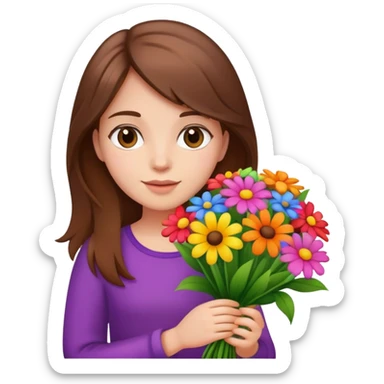brown-haired girl holding a colorful bouquet of flowers sticker