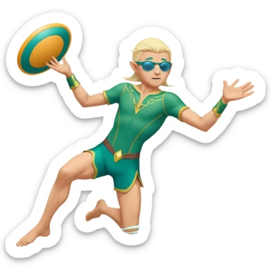 elf male legolas launching a frisbee woven from pure sunlight, wearing sporty teal swim shorts and performance sunglasses, pointy ears, dynamic motion lines, beach sky backdrop, centered emoji sticker