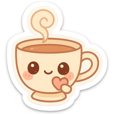 chibi teacup, pastel palette, big eyes, blushing cheeks, cute steam swirl, holding a tiny heart sticker