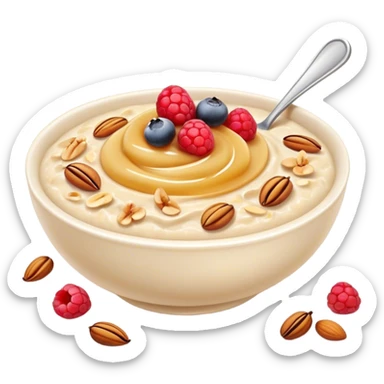Cinematic creamy oatmeal, smooth texture with a swirl of honey on top, garnished with fresh berries and nuts, warm and comforting, cozy golden tones, rich and delicious. sticker