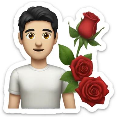 A man with pale skin and black hair holding a red rose sticker