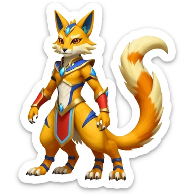 Vernid-Lombax-Koraidon-Renamon-Zeraora-Bastet-Fakémon-hybrid-fusion-creature, full body sticker