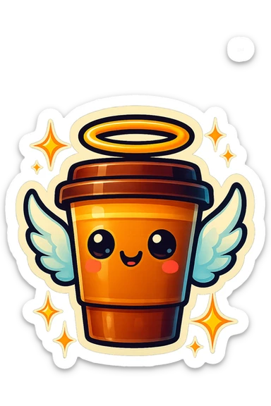 Tall coffee cup, shiney eyes, angel halo, wings, star sparkles sticker