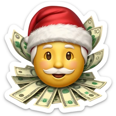 A rich happy emoji face in Santa hat, covered in money, cash stacks and flying dollar bills, Christmas mood, New Year festive style, glossy 3D emoji, vibrant colors, high detail, no text, isolated, transparent background sticker