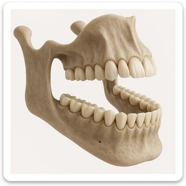 A detailed 3D model of a human jawbone, focusing on the teeth in a scientific style. sticker