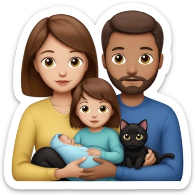 1 mom brown hair, 1 dad no beard, 1 baby and 1 black cat sticker