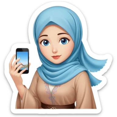Turkish beautiful finish Konya girls blue eyes with lovely cherry blossom hijab long tail dress and she takes photo from sky sticker