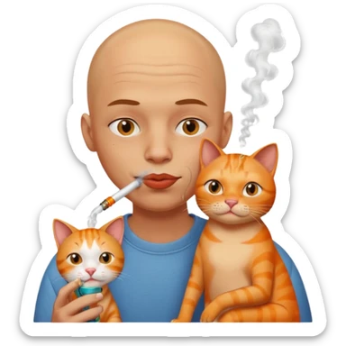Bald headed boy with extremely big lips smoking from a glass pipe while cuddling and orange cat  sticker