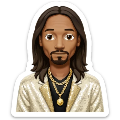 Snoop Dogg with long dark brown hair, ivory sequin jacket, black shirt with necklace sticker
