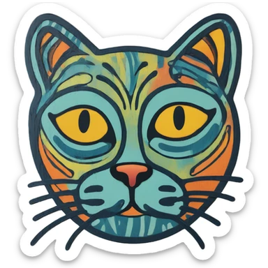 Abstract quirky funky cat made of different shapes and squiggles linocut multicoloured illustrations  sticker