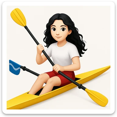 Altındaki tekneyi olimpik kürek sporu için uygun, uzun ve ince yarış teknesi olarak değiştir. Kız siyah uzun dalgalı saçlı, beyaz tenli, kırmızı şort ve beyaz kısa kollu tişörtle olimpik kürek sporu yapıyor sticker