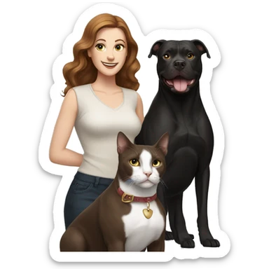 white woman with long brown hair and cat shaped eyes standing alongside a happy black pitbull  sticker