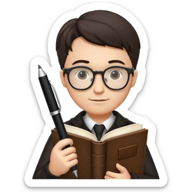 writer holding big pen in hand and book in other hand, wearing glasses sticker