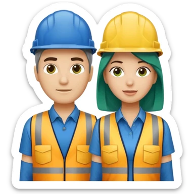 Um homem e uma mulher amarelos com capacete de obras ambos azul escuro e camisa social cinza com faixas refletivas verdes nos braços. Um deles deve estar segurando um megafone sticker