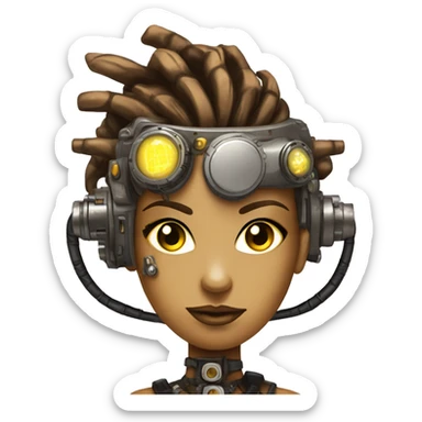 Brown with yellow streaks Mohawk hair female cyborg head, tan skin, steampunk goggles and circuits sticker