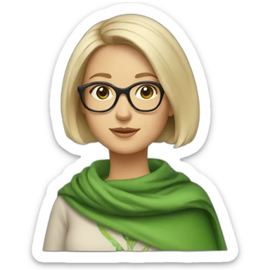 white-woman-with-gray-and-blonde-short-bob-green-eyes-and-brown-glasses-wearing-colorful-shawl sticker
