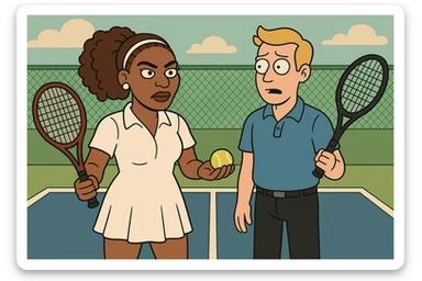 Serena Williams white shirt dress tennis racket one ball tennis a man dark yellow hair blue shirt black trousers tennis racket tennis court background  sticker