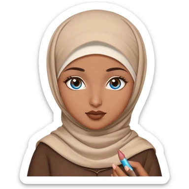 Turkish beautiful finish Konya girl blue eyes with brown beige hijab islamic dress and had on her hand brown lipgloss sticker