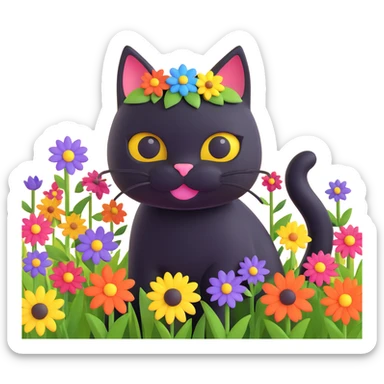 A black cat with a flower on its head in a field of flowers sticker