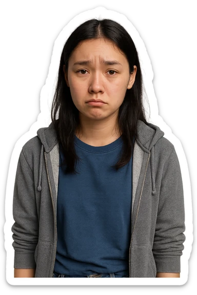 18-year-old Asian Finnish woman, sad expression, modern casual style, clear facial features, no background sticker