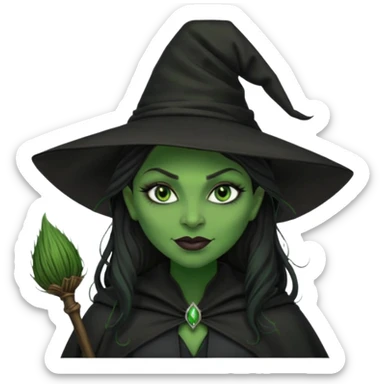 elphaba wicked witch with broom close up, evil dark coily long dark hair, green skin, thick green lips, cheekbones, smirk evil menacing cythia erivo dark aesthetic black hat cloak dark broom sticker