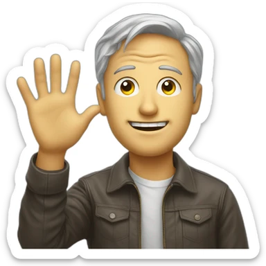 a man waves hello, bitcoin in his eyes sticker