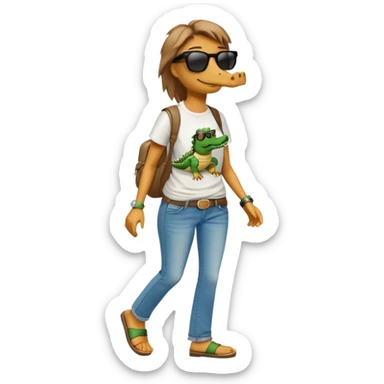 anthropomorphised female crocodile in a band t-shirt and jeans wearing sunglasses walking upright sticker
