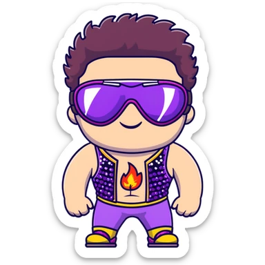 close-up of cool guy male athlete with white skin and moderately curly dark brown hair on top with shaved sides, with one purple ski goggle lens pushed up above his eyes on his forehead, sticking his tongue out of his mouth, wearing only a plain black chain necklace around his neck, and a completely unzipped sleeveless vest with purple and black sequin fire pattern design with no logo, clearly showing he is shirtless underneath with exposed chest and abs sticker