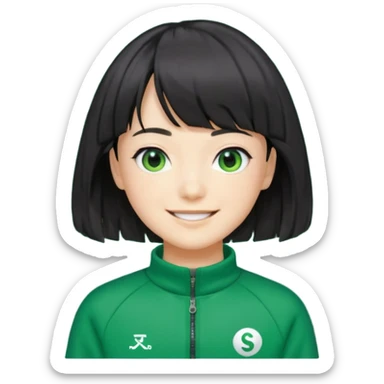 Sae-byeok from Squid Game, wavy black bob haircut with fringe, green tracksuit, 067 on chest, emoji style sticker
