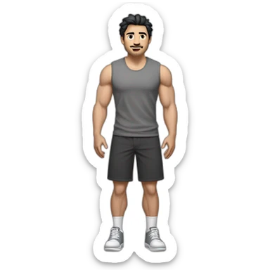 Full height Actively gesturing with hands Pale skinned Fit Man With the biceps and black hair with Bristle in dark gray Sleeveless Mike, brown oversize sports shorts and white Sneakers sticker