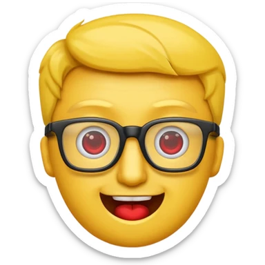 Créer un emoji nerd le perso doit être une tête basique d'emoji jaune avec une grosse paire de lunettes rectangulaires noires 3 boutons sur chaque joue et une dent qui dépasse  sticker