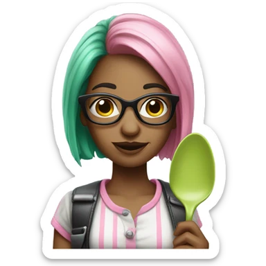 Realistic woman with green and pink hair and glasses holding a spoon sticker