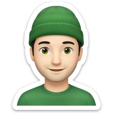 smiling French man, 30 years old, short black hair, green beanie, stubble sticker