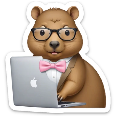 capivara de óculos e laço rosa claro mexendo no macbook sticker