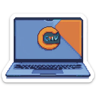 a blue laptop having a logo that says cmv on the back of it sticker