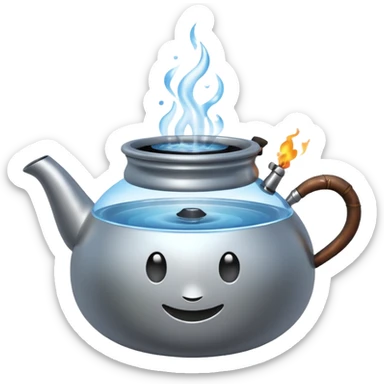 Ultra detailed 3D Apple-style emoji of a small pot or kettle filled with water placed on fire, the water is boiling intensely with visible steam and bubbles rising, bright lighting, clean white background, high-quality realistic emoji rendering. sticker