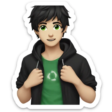 anime boy dark hair dark green eyes in black hoodie  sticker