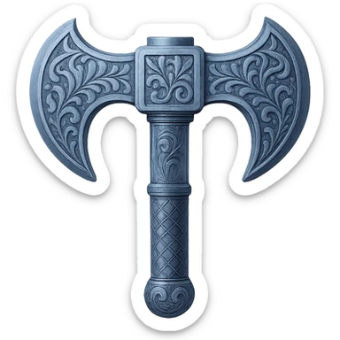 Recolor this weapon to match the blueish-gray steel color and ornate engravings of the reference helmet. Emphasize the cool metallic finish and detailed engravings, matching the helmet exactly. Transparent background. The style should reflect a cool metallic look with detailed engravings as seen in the helmet reference. sticker