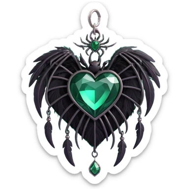 gothic heart, emerald green crystal texture, silver spider charm, feather accents, lush and gothic style, foggy background sticker