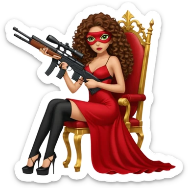 Drug dealer female green eyes symbol.  hair is brown curly long hair. sexy long with long red and black dress and face cover on that covers her mouth only. black stiletto platform high heels shoes on. Holding sniper rifle sitting on a gold throne. sticker