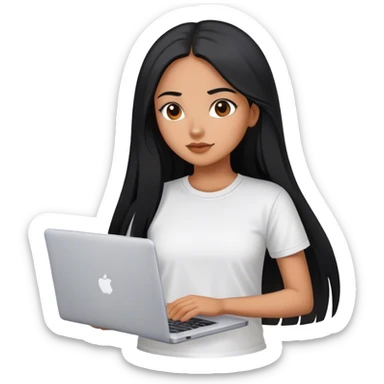 beautiful girl, with long straight black hair, mexican, brown skin, with laptop, with white tee, she stand up sticker