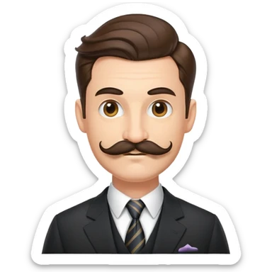 Finance bro with an obnoxiously large handlebar mustache, wearing a suit and tie, smirking confidently sticker
