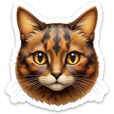 Cinematic Noble Tortoiseshell Cat Portrait Emoji, Poised and dignified, showcasing a luxurious, mottled fur of rich browns and blacks, with elegantly arched whiskers and a determined yet gentle expression, simplified yet meticulously detailed, glowing with a subtle, regal radiance, high shine, embodying quiet nobility and refined charm, soft glowing outline, capturing the essence of a sophisticated tortoiseshell cat exuding quiet authority! sticker