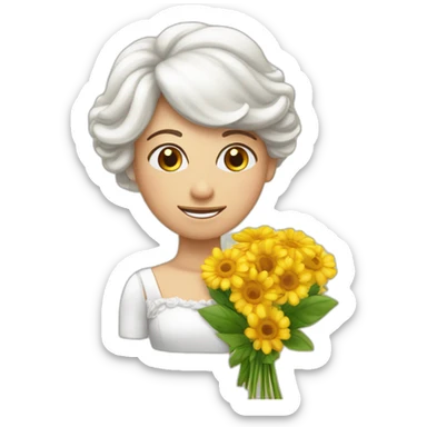 crée un emoji avec une tete de personnage avec des yeux festif tenant un énorme bouquet de fleur de mariage sticker